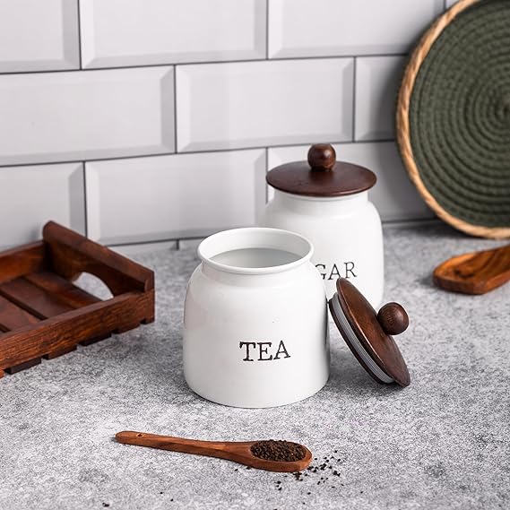 White Metal Tea & Sugar Canister Set | Compact Kitchen Storage Jars with Lid | Modern Countertop Organizer
