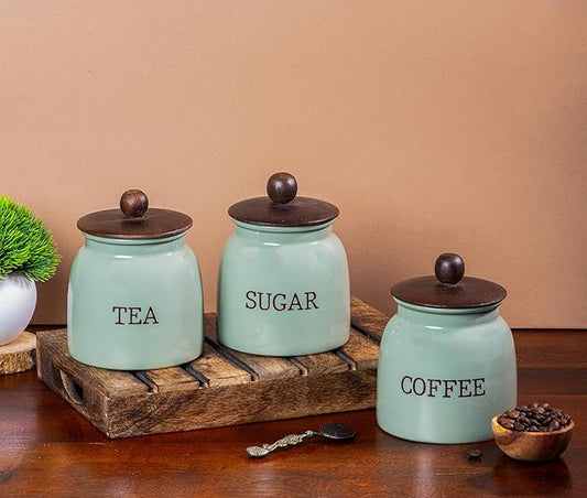 Metal Tea Sugar Coffee Storage Container Set of 3 with Wooden Lid | Airtight Kitchen Canisters | Vintage Green Kitchen Storage Jars for Tea, Sugar & Coffee