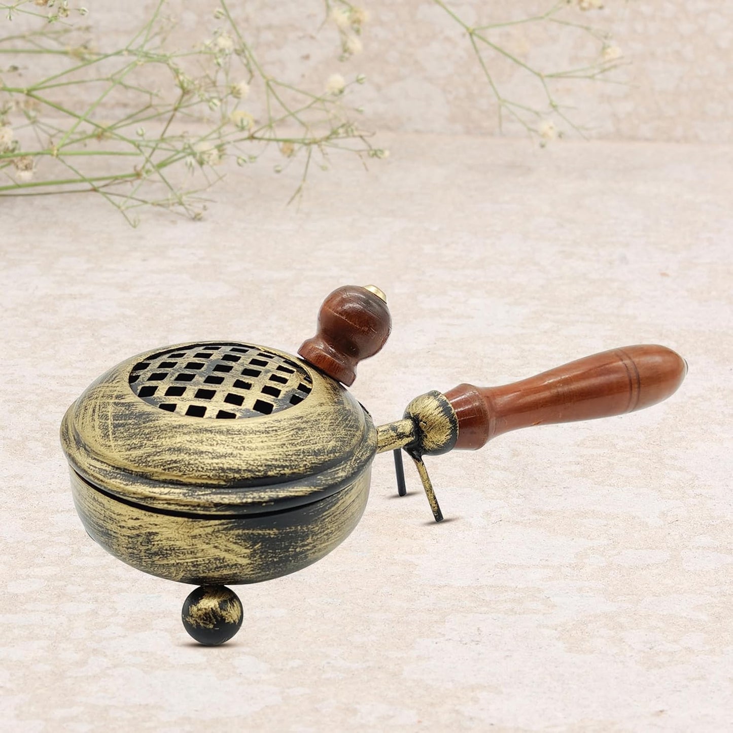 Antique Finish Metal Loban Burner with Wooden Handle | Vintage Dhoop Dani Incense Burner for Home, Pooja, Temple & Aromatherapy | Rustic Kapoor Dani & Home Fragrance Diffuser