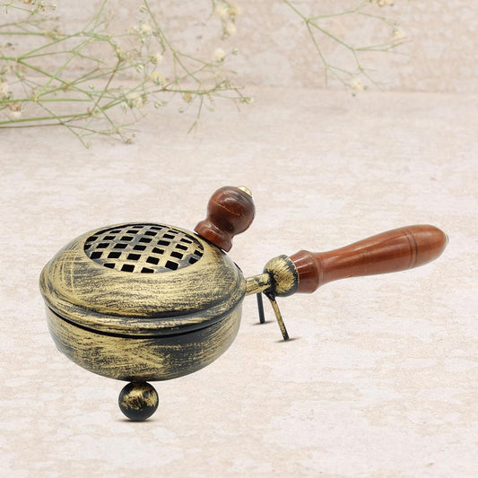 Antique Finish Metal Loban Burner with Wooden Handle | Vintage Dhoop Dani Incense Burner for Home, Pooja, Temple & Aromatherapy | Rustic Kapoor Dani & Home Fragrance Diffuser