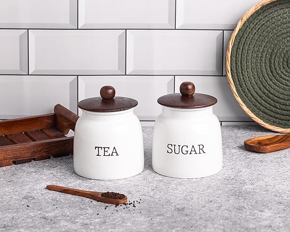 White Metal Tea & Sugar Canister Set | Compact Kitchen Storage Jars with Lid | Modern Countertop Organizer