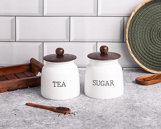 White Metal Tea & Sugar Canister Set | Compact Kitchen Storage Jars with Lid | Modern Countertop Organizer