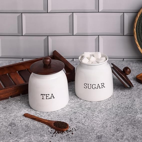 White Metal Tea & Sugar Canister Set | Compact Kitchen Storage Jars with Lid | Modern Countertop Organizer