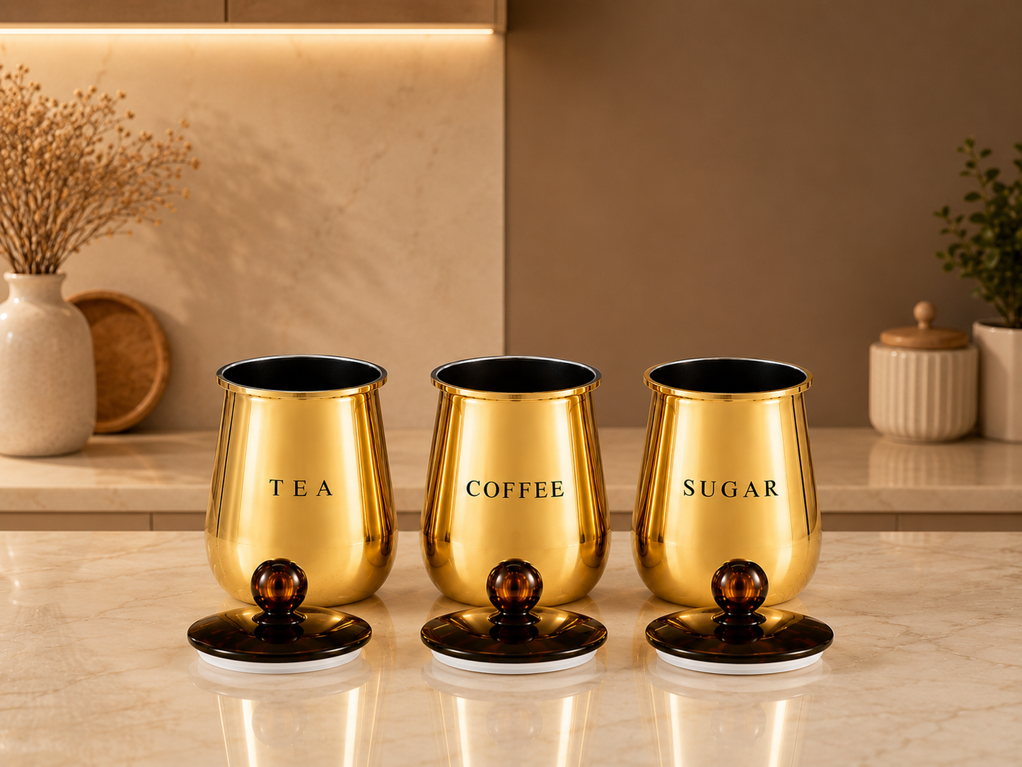 Premium Gold Metal Tea Coffee Sugar Storage Container Set of 3 with Decorative Knob Lids