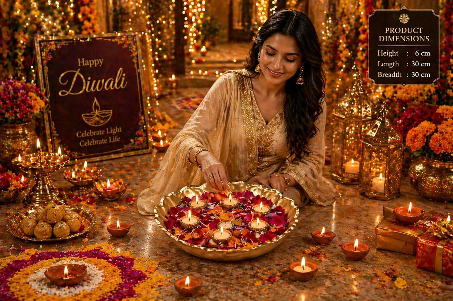 Metal Urli Bowl for Diwali Decoration | Premium Floating Flower Urli with Lotus Inspired Design for Wedding, Pooja & Luxury Home Decor