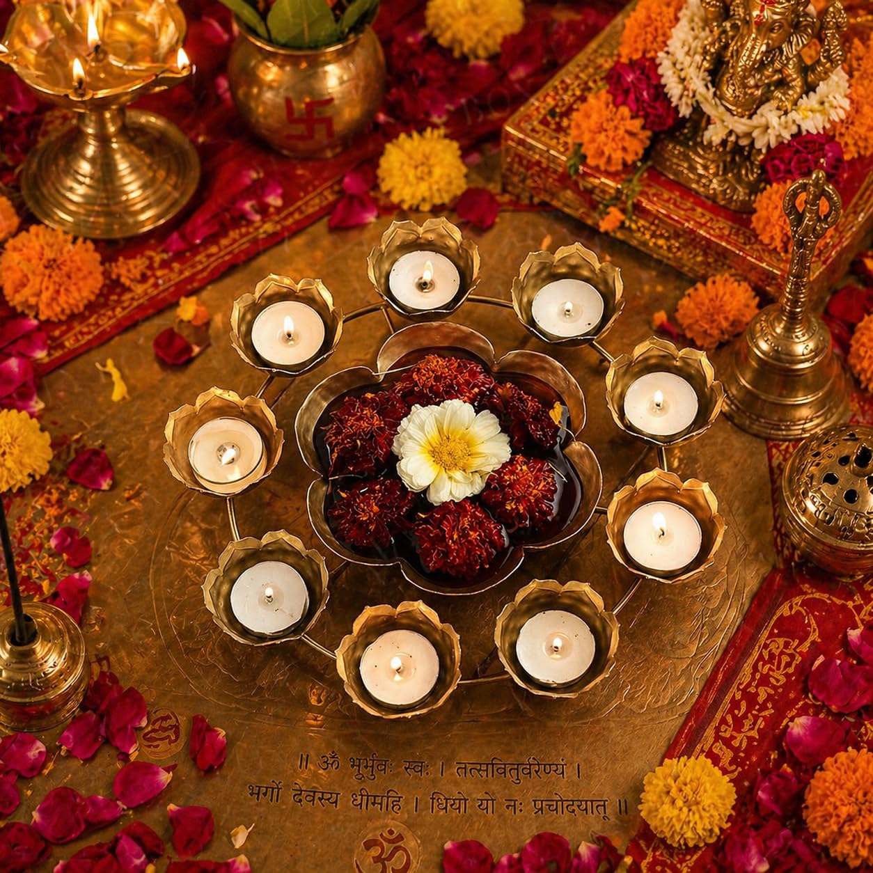 Floral Metal Urli Bowl for Diwali Decoration | Luxury Decorative Lotus Urli for Pooja Room, Wedding Centerpiece, Floating Flower Arrangement & Festive Home Decor