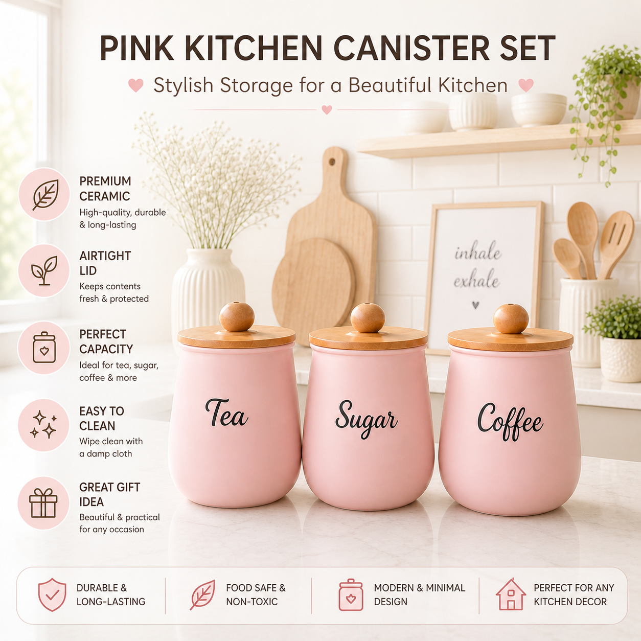 Pink Kitchen Canister Set with Wooden Lids