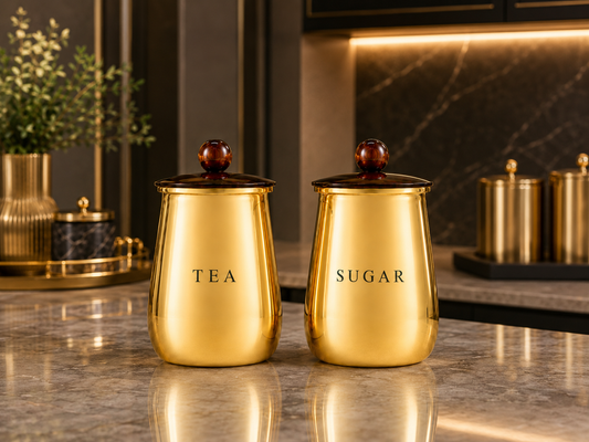Premium Gold Tea & Sugar Storage Containers with Decorative Lids – Set of 2