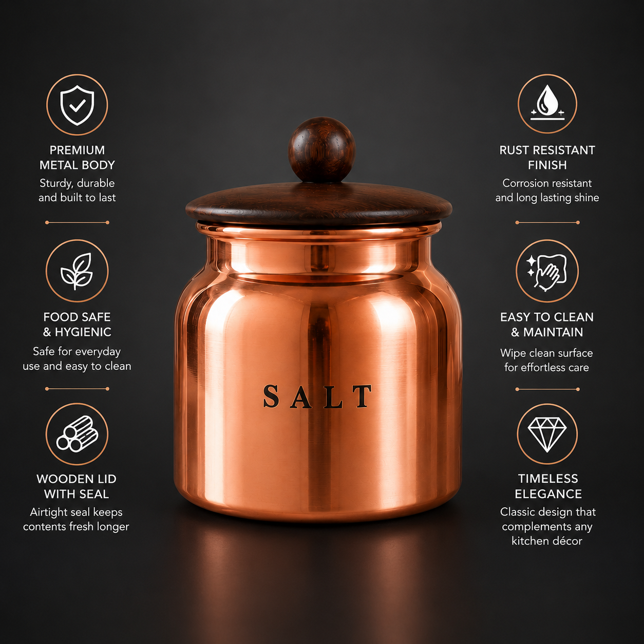 Metal Salt Canister with Wooden-Style Lid – Premium Kitchen Storage Container for Countertop, Pantry, Spices & Dry Food