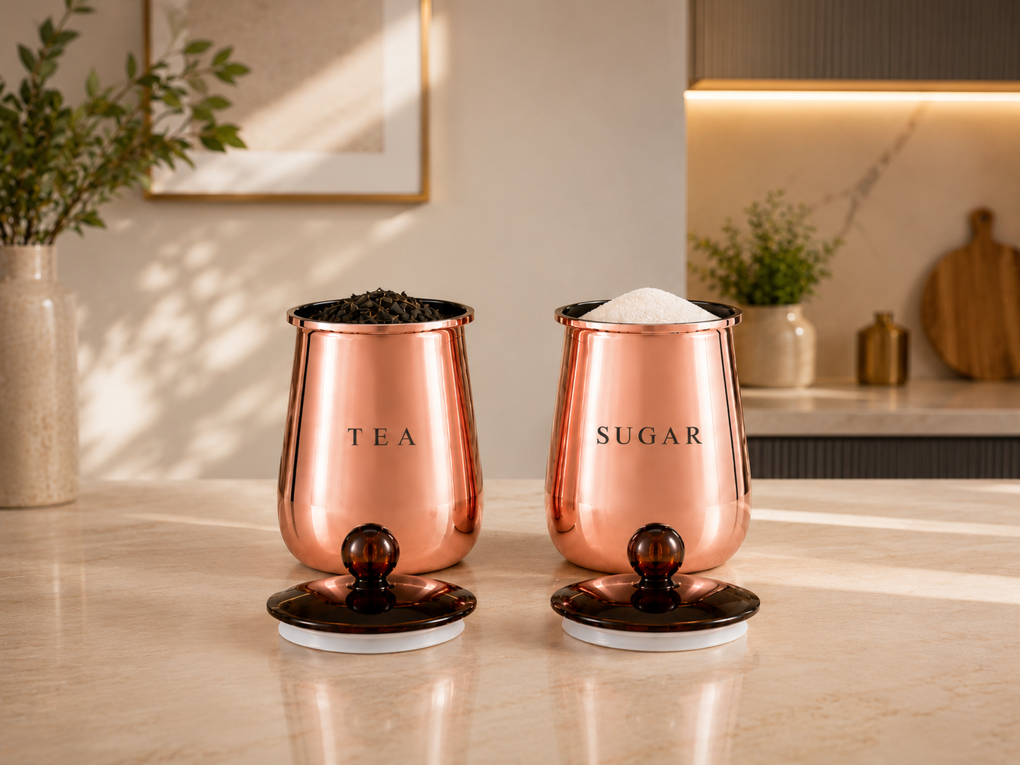 Premium Rose Gold Tea & Sugar Storage Containers with Removable Lids – Set of 2
