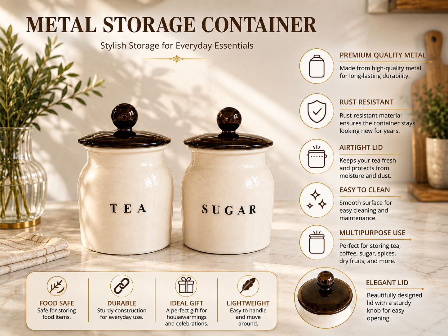 White Metal Tea Sugar Container Set with Black Lids – Premium Kitchen Storage Canisters for Countertop, Pantry & Tea Station