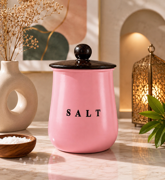 Glossy Pink Metal Salt Container with Black Lid – Stylish Kitchen Countertop Salt Storage Canister for Pantry, Spices & Masala