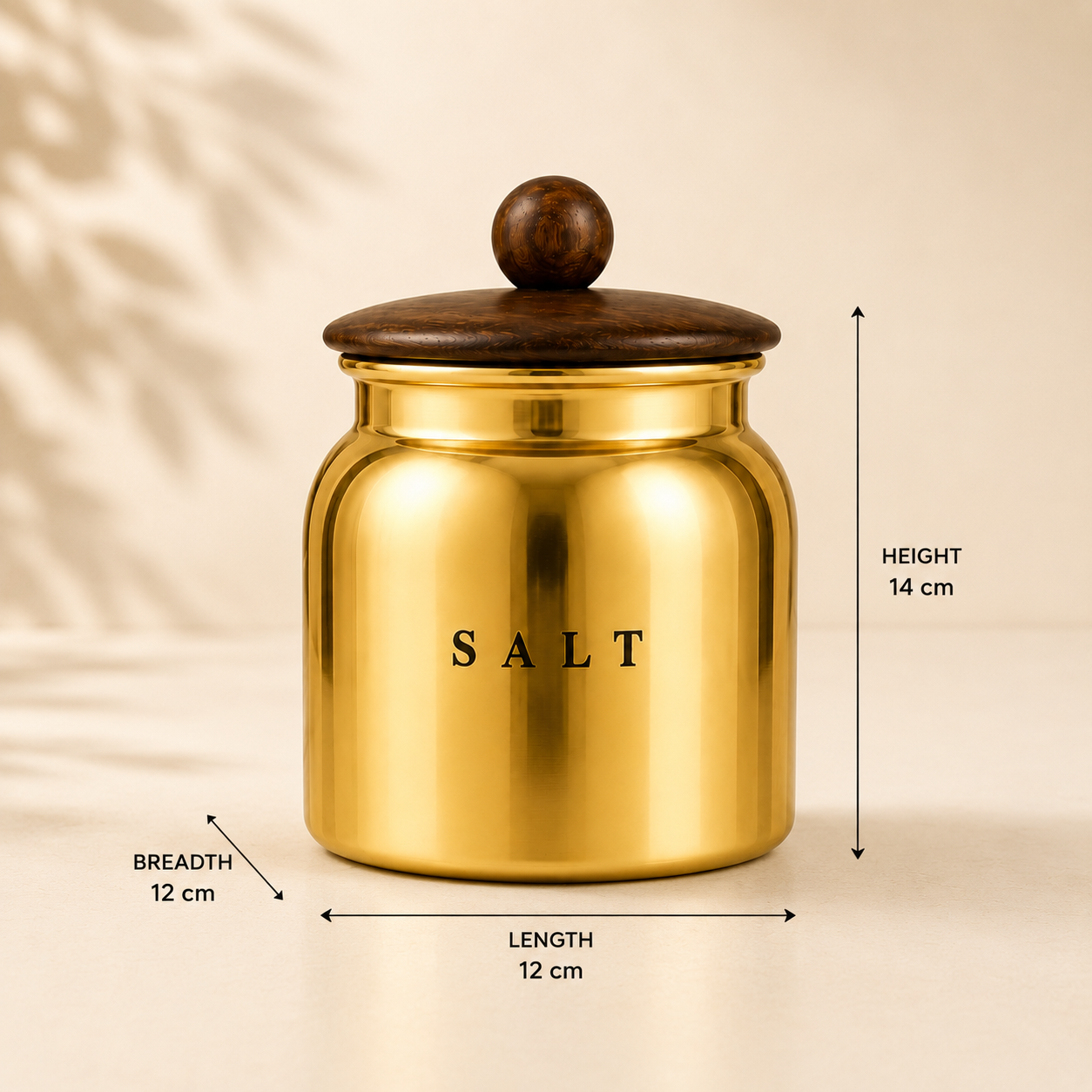 Premium Gold Metal Salt Canister with Wooden-Style Lid – Luxury Kitchen Storage Container for Countertop, Pantry, Spices & Dry Food