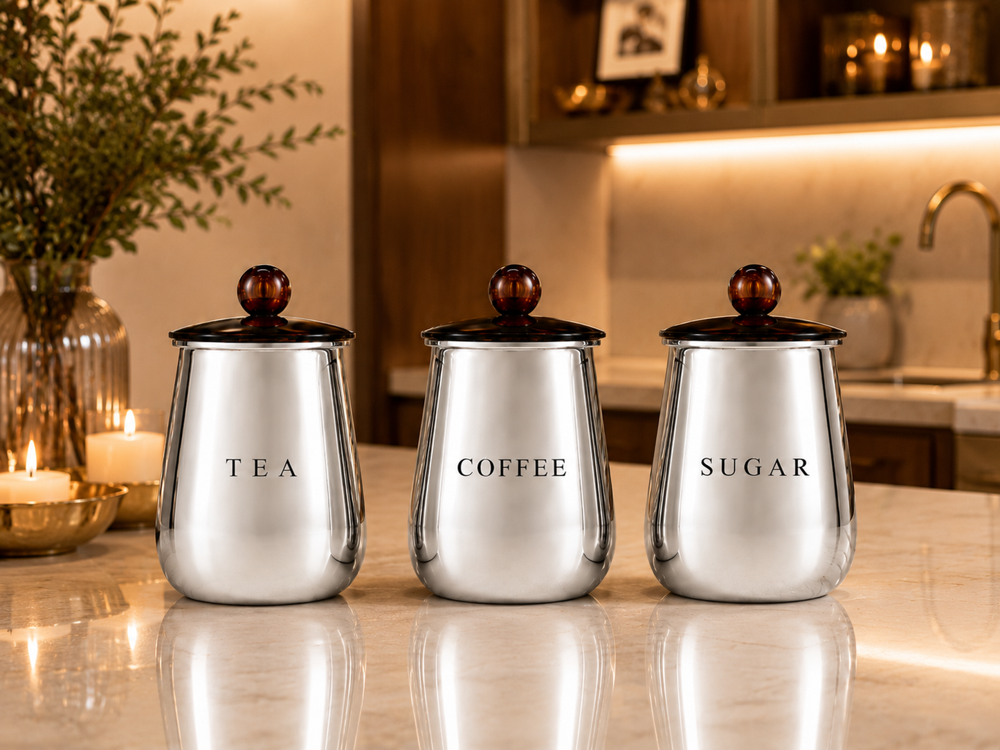 Premium Silver Metal Tea Coffee Sugar Containers Set of 3 with Black Lids