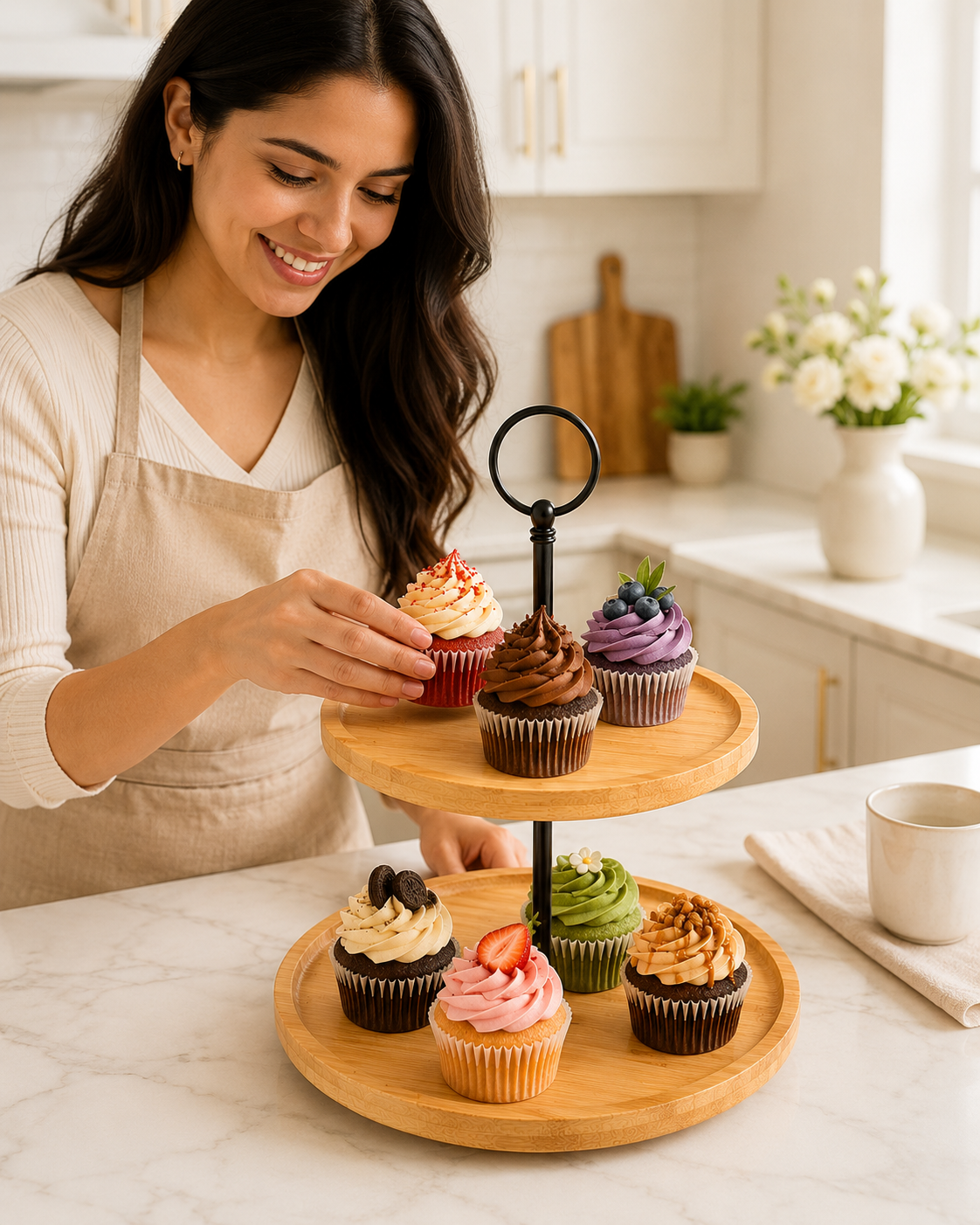 Premium 2 Tier Bamboo Cake Stand for Cupcakes & Desserts – Elegant Wooden Dessert Display Stand with Metal Handle – Multi Layer Serving Tray for Kitchen Counter, Tea Party, Birthday, Bakery & Home Decoration
