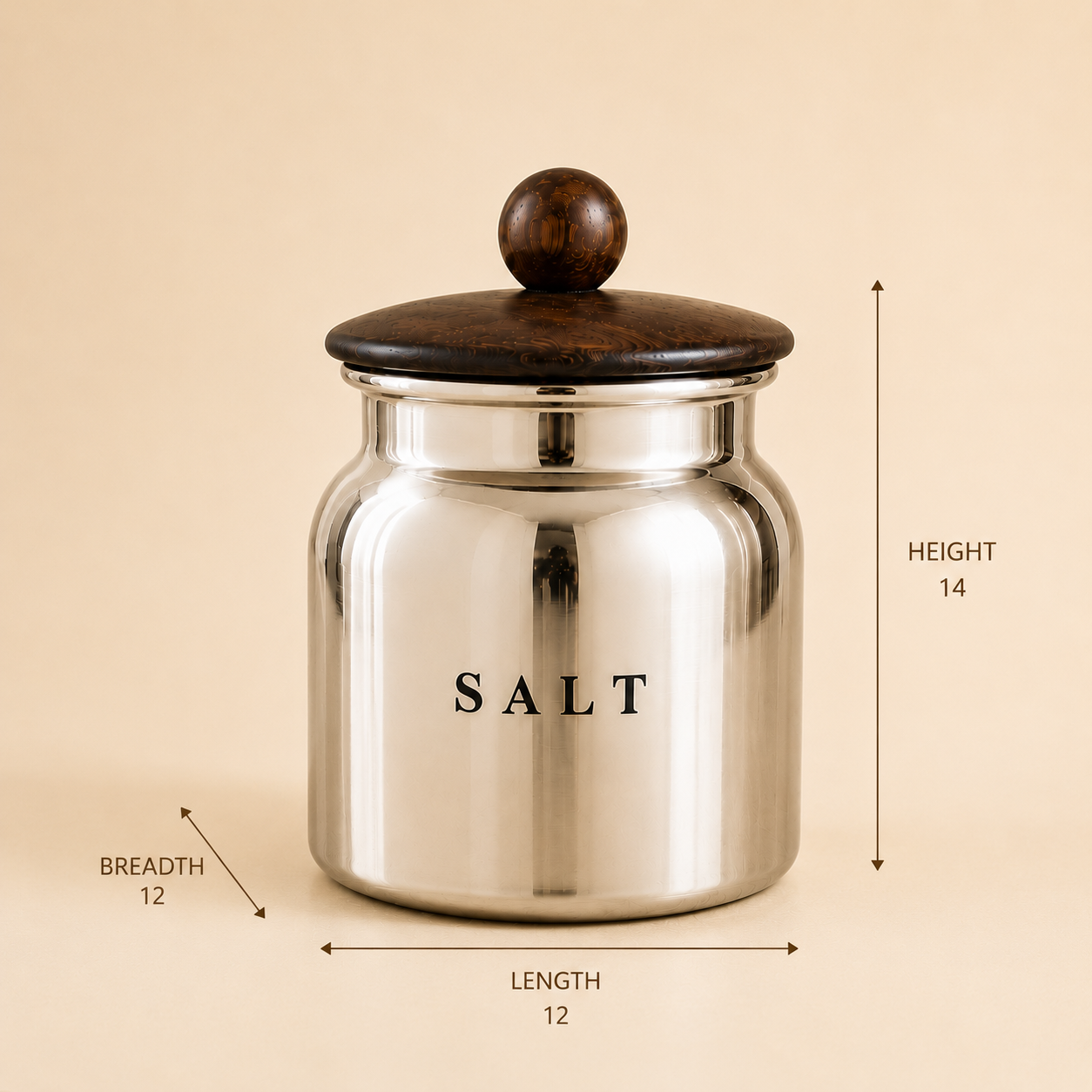 Silver Metal Salt Container with Wooden Look Lid – Premium Kitchen Salt Storage Canister for Countertop, Pantry & Spice Storage