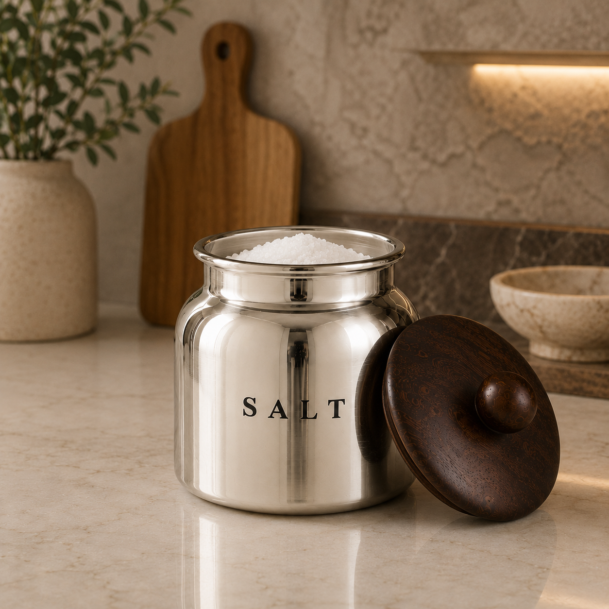 Silver Metal Salt Container with Wooden Look Lid – Premium Kitchen Salt Storage Canister for Countertop, Pantry & Spice Storage