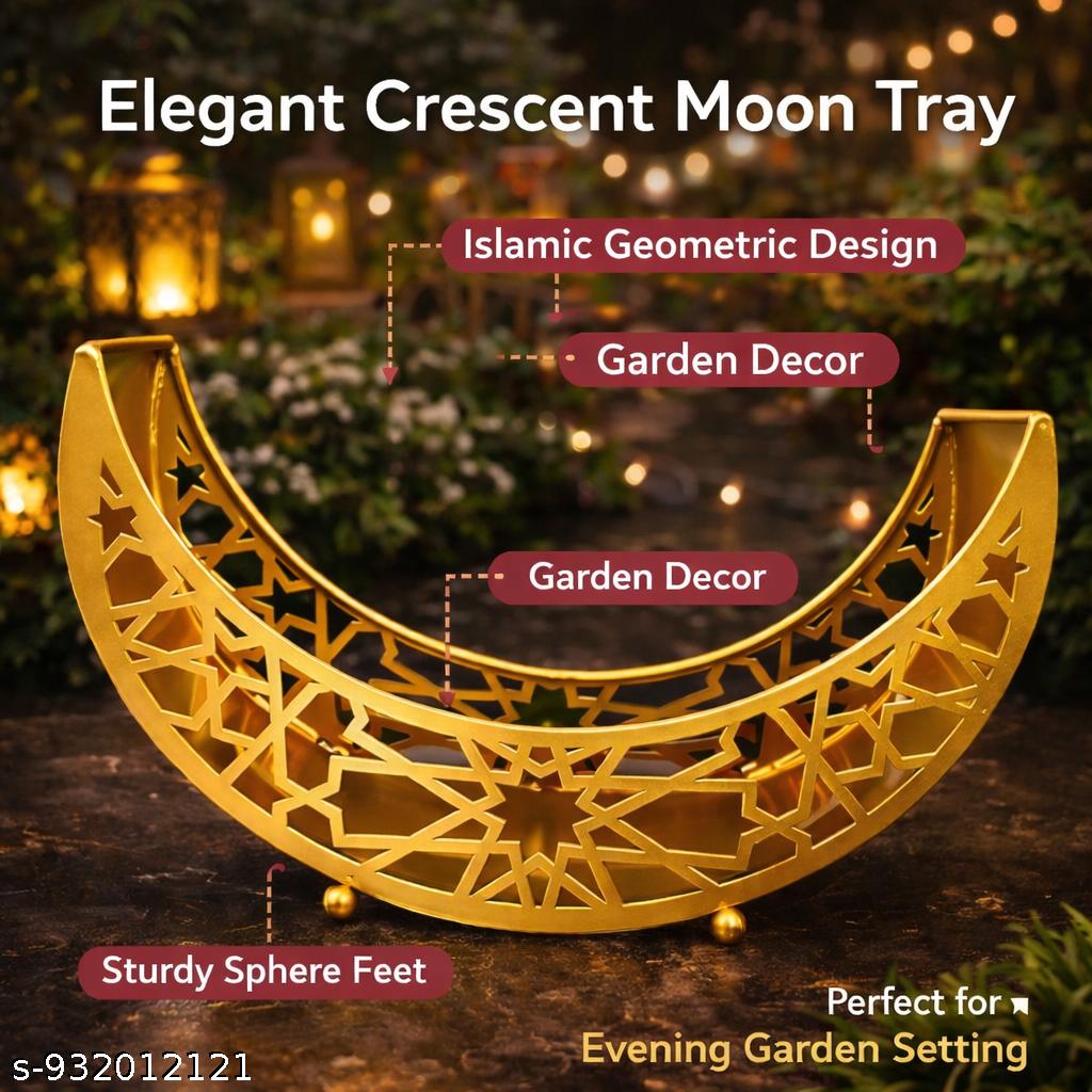 Elegant Moon Serving Tray for Dry Fruits & Snacks – Luxury Gold Metal Crescent Moon Tray for Ramadan, Eid Table Decoration, Dates Serving, Festive Dining & Home Decor Display