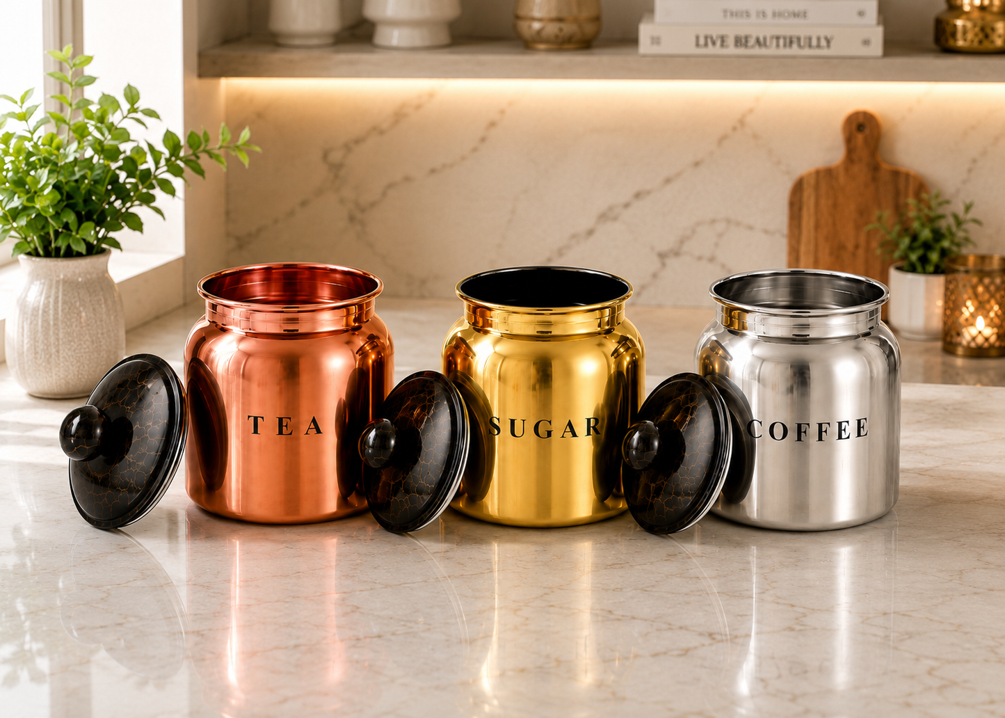 Multi Metal Tea Sugar Coffee Canister Set with Black Lids – Premium 3 Piece Kitchen Storage for Countertop, Pantry & Coffee Station