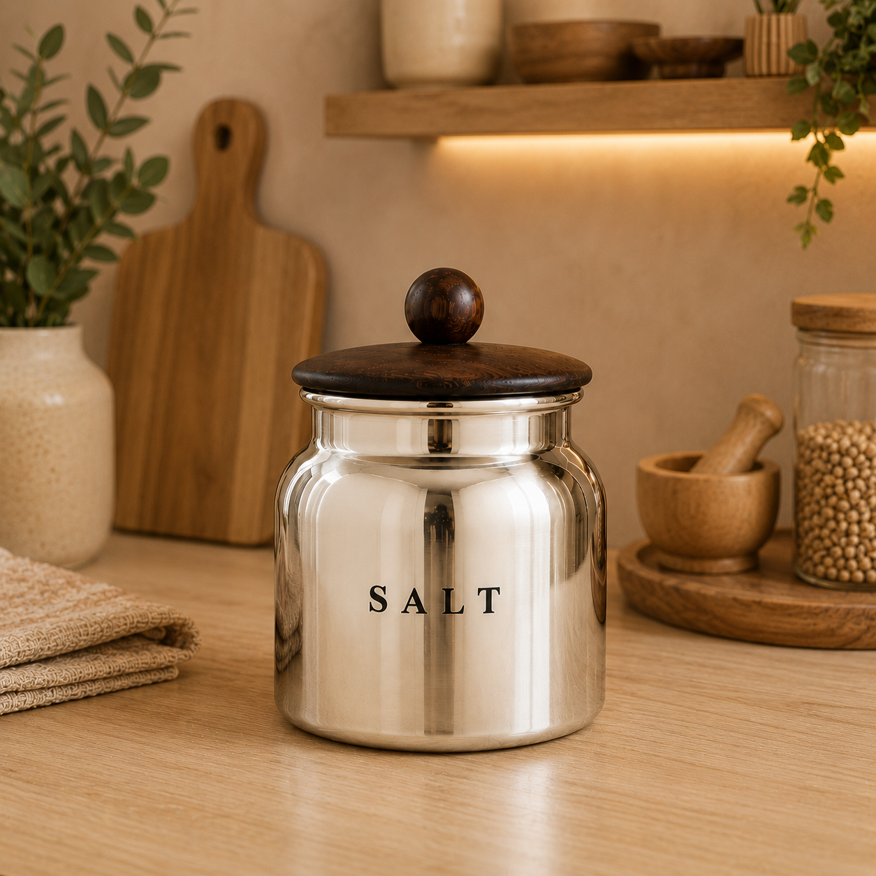Silver Metal Salt Container with Wooden Look Lid – Premium Kitchen Salt Storage Canister for Countertop, Pantry & Spice Storage