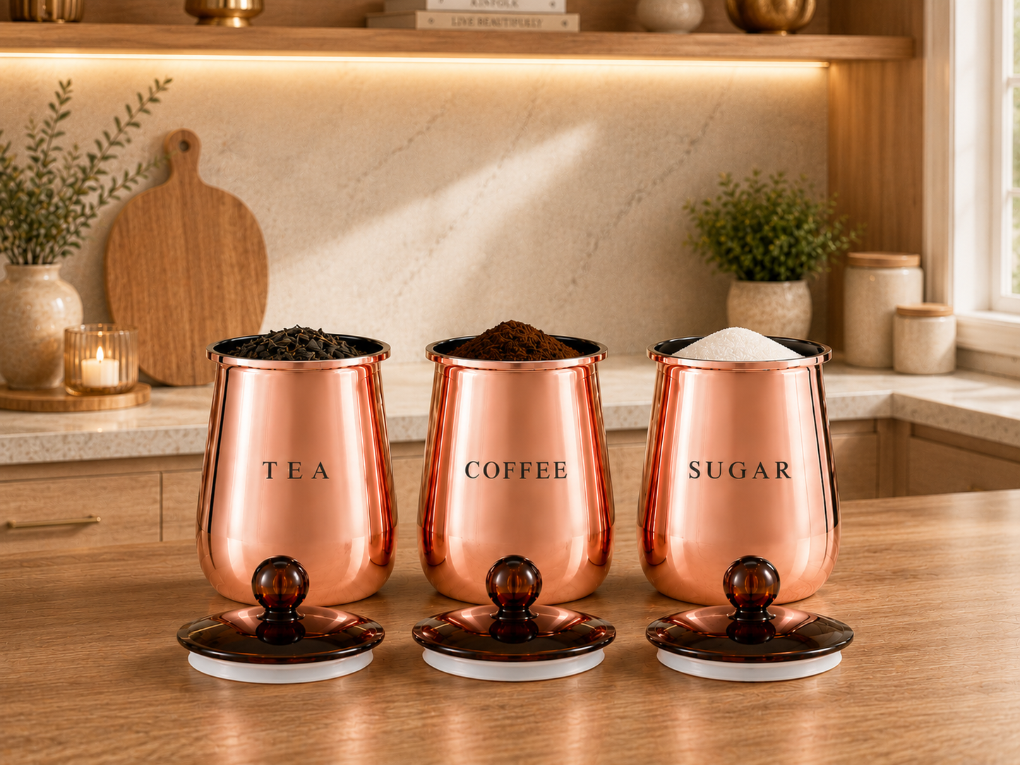 Premium Copper-Finish Metal Tea Coffee Sugar Storage Container Set of 3 with Decorative Knob Lids