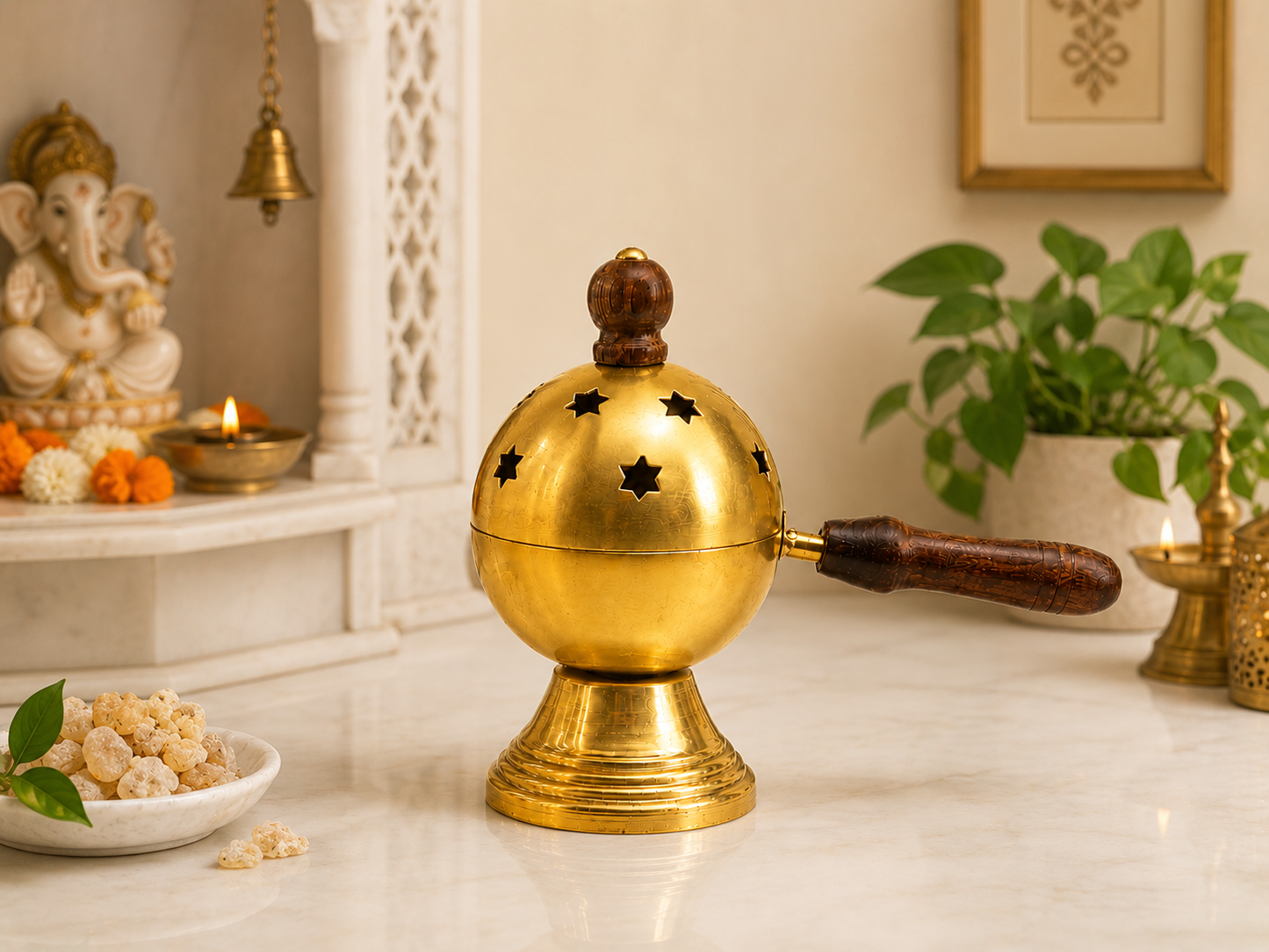 Star Cut Metal Loban Burner with Wooden Handle
