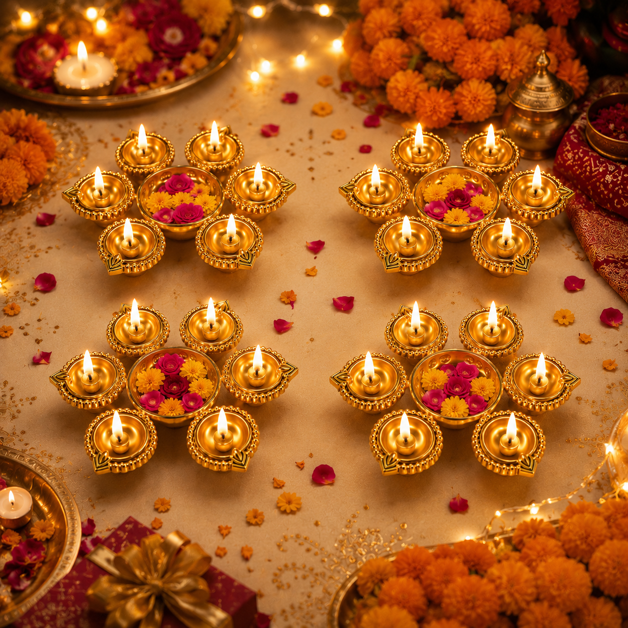 Luxury Golden Metal Diya Urli Set (Pack of 4) | Decorative Flower Urli Bowl with 6 Diyas | Diwali, Pooja & Festive Home Decor
