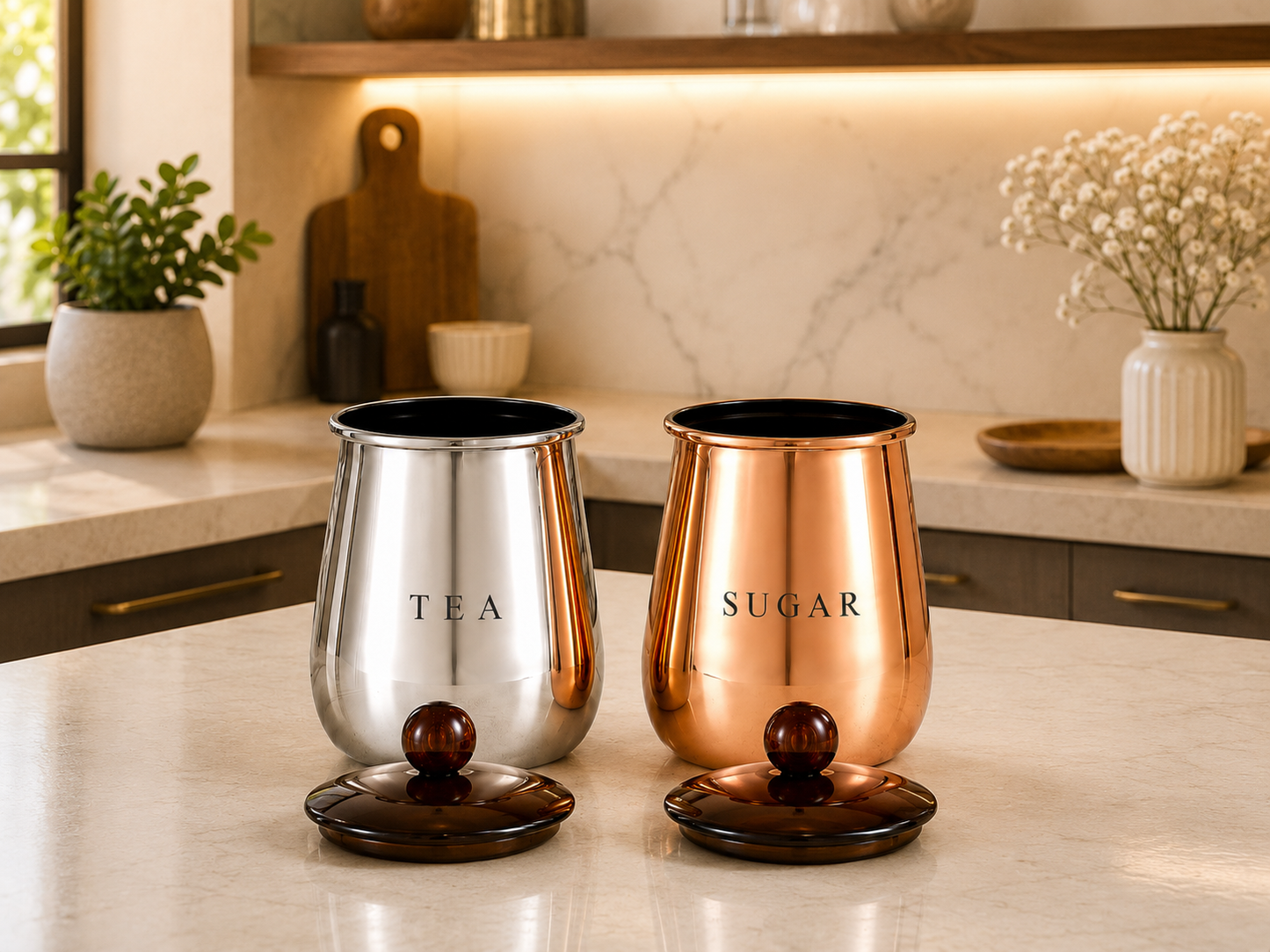 Premium Silver and Copper-Finish Metal Tea Sugar Storage Container Set of 2 with Decorative Knob Lids