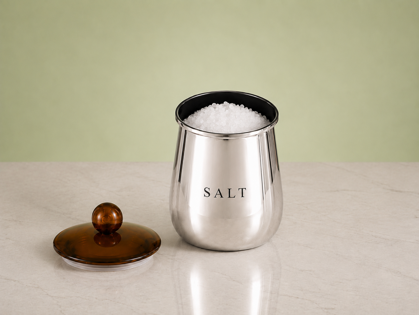 Premium Silver Metal Salt Storage Container with Decorative Knob Lid for Kitchen Counter