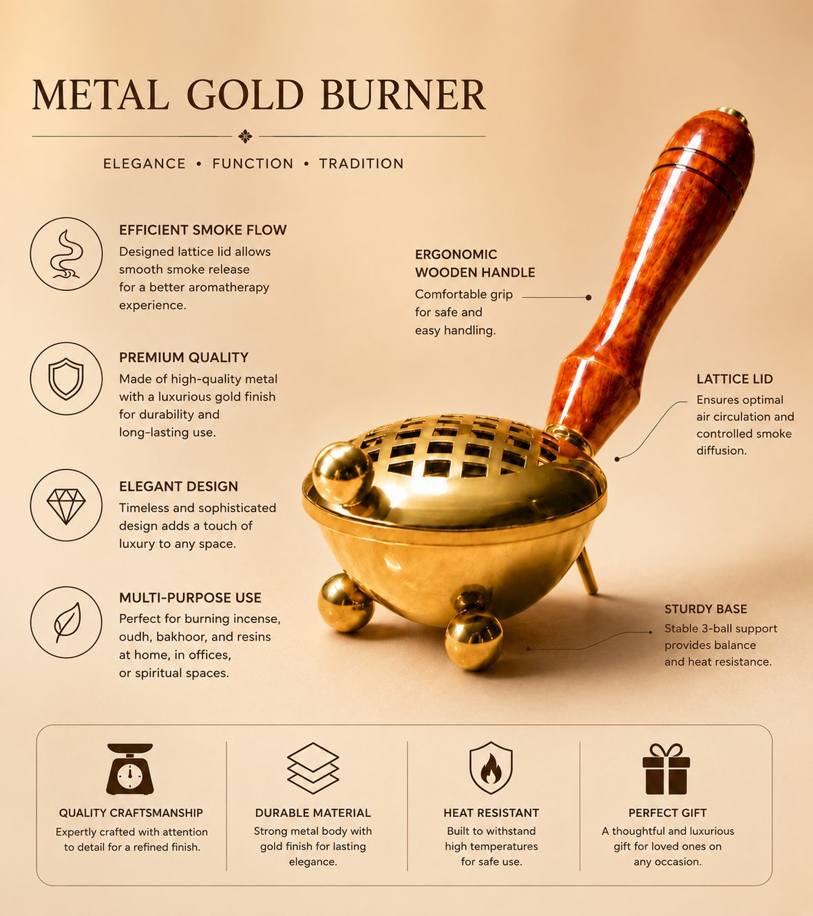 Gold Metal Loban Burner with Wooden Handle for Pooja, Bakhoor & Home Décor
