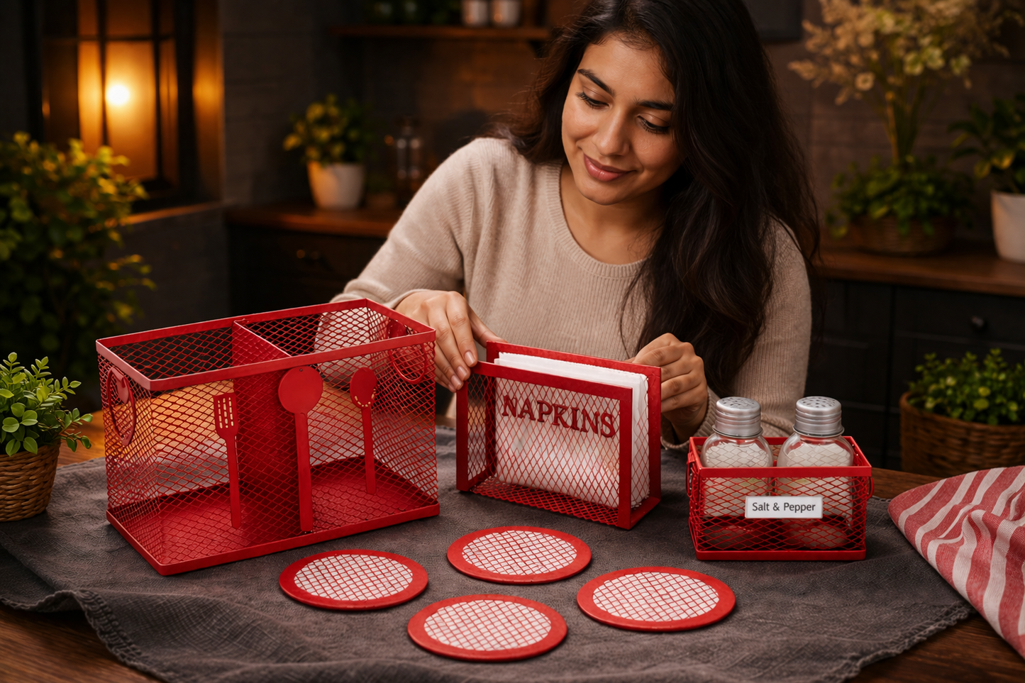 Red Metal Cutlery Holder Set for Kitchen Counter & Dining Table | Mesh Kitchen Organizer Basket with Napkin Holder, Salt Pepper Holder & Coasters | Modern Kitchen Accessories Combo for Spoon Fork Storage