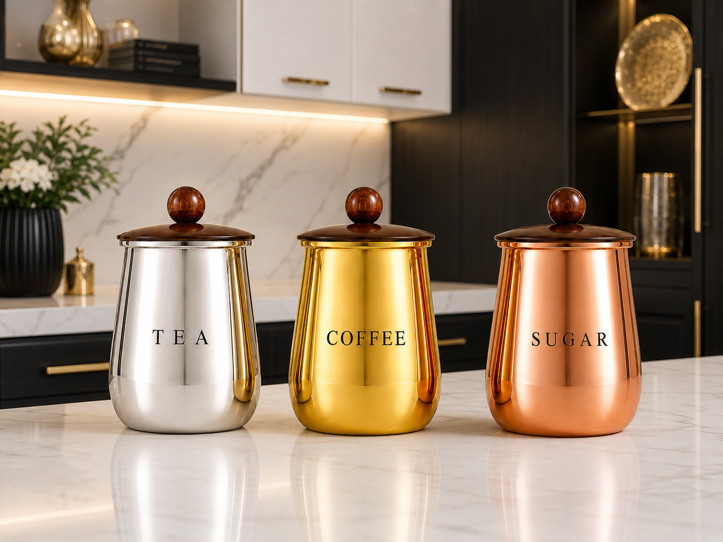 Premium Multi-Finish Metal Tea Coffee Sugar Container Set of 3 with Decorative Knob Lids