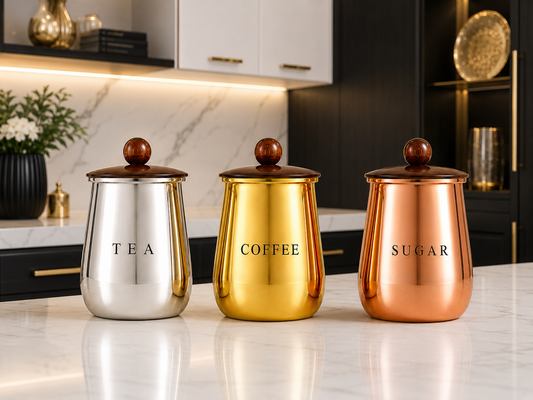 Premium Multi-Finish Metal Tea Coffee Sugar Container Set of 3 with Decorative Knob Lids