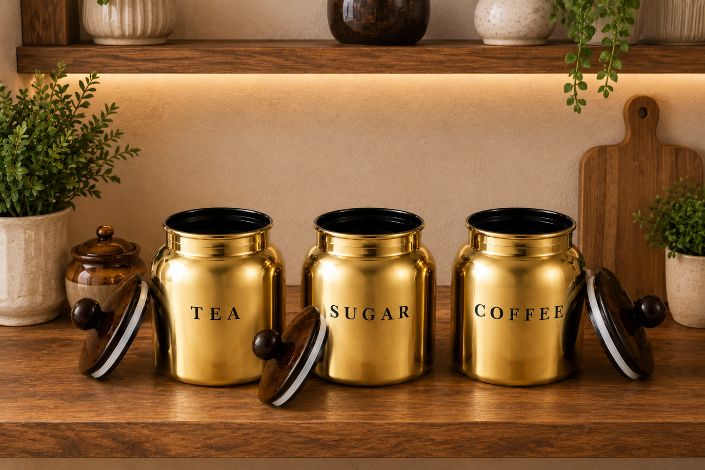 Gold Metal Tea Sugar Coffee Canister Set with Wooden-Style Lids – Premium 3 Piece Kitchen Storage for Countertop, Pantry & Coffee Station