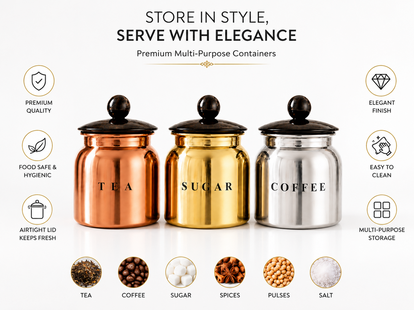 Multi Metal Tea Sugar Coffee Canister Set with Black Lids – Premium 3 Piece Kitchen Storage for Countertop, Pantry & Coffee Station