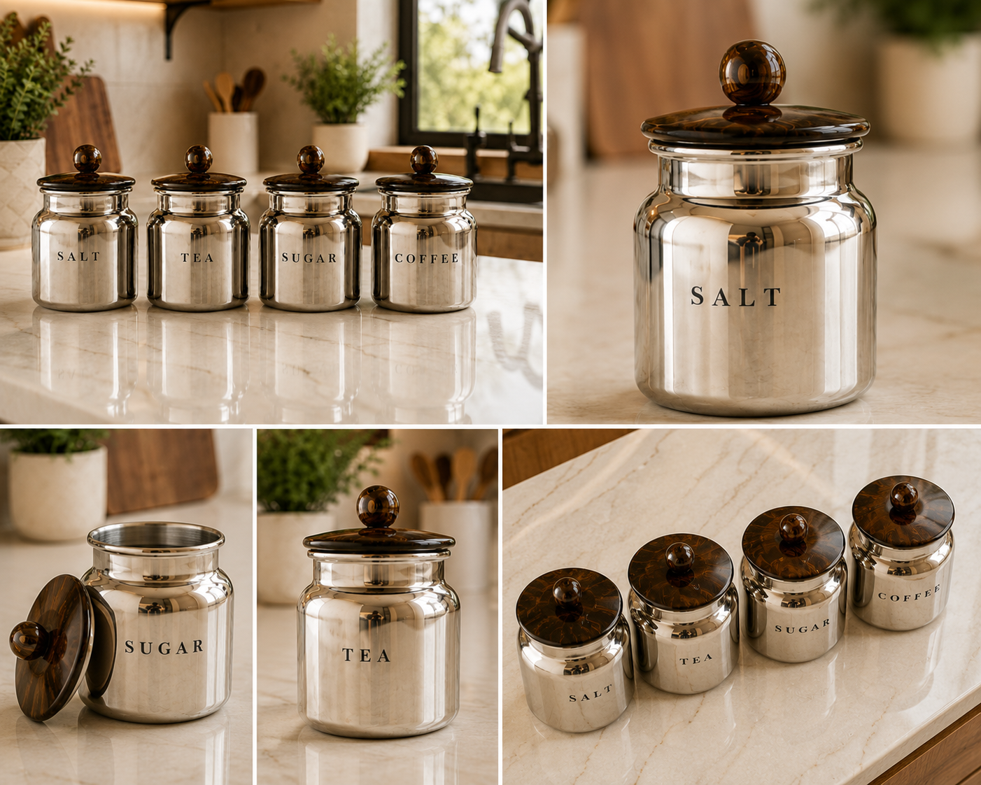 Silver Metal Salt Tea Sugar Coffee Canister Set with Wooden-Style Lids – 4 Piece Kitchen Pantry Storage for Countertop, Tea Station & Coffee Corner