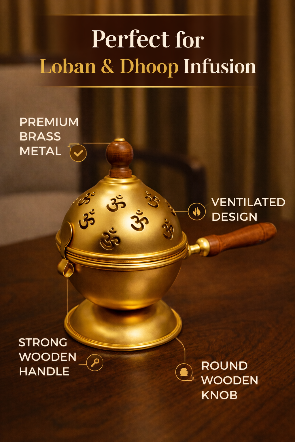 Premium Golden OM Metal Loban Dhoop Dani with Wooden Handle |  Kapoor Dani for Pooja, Havan, Mandir & Meditation | Charcoal Incense Burner