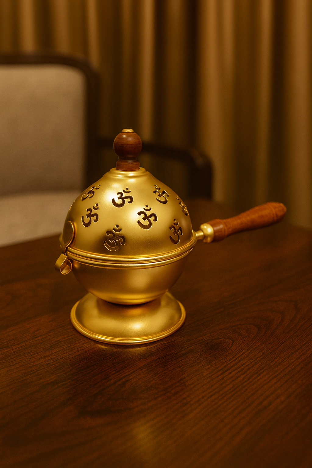 Premium Golden OM Metal Loban Dhoop Dani with Wooden Handle |  Kapoor Dani for Pooja, Havan, Mandir & Meditation | Charcoal Incense Burner