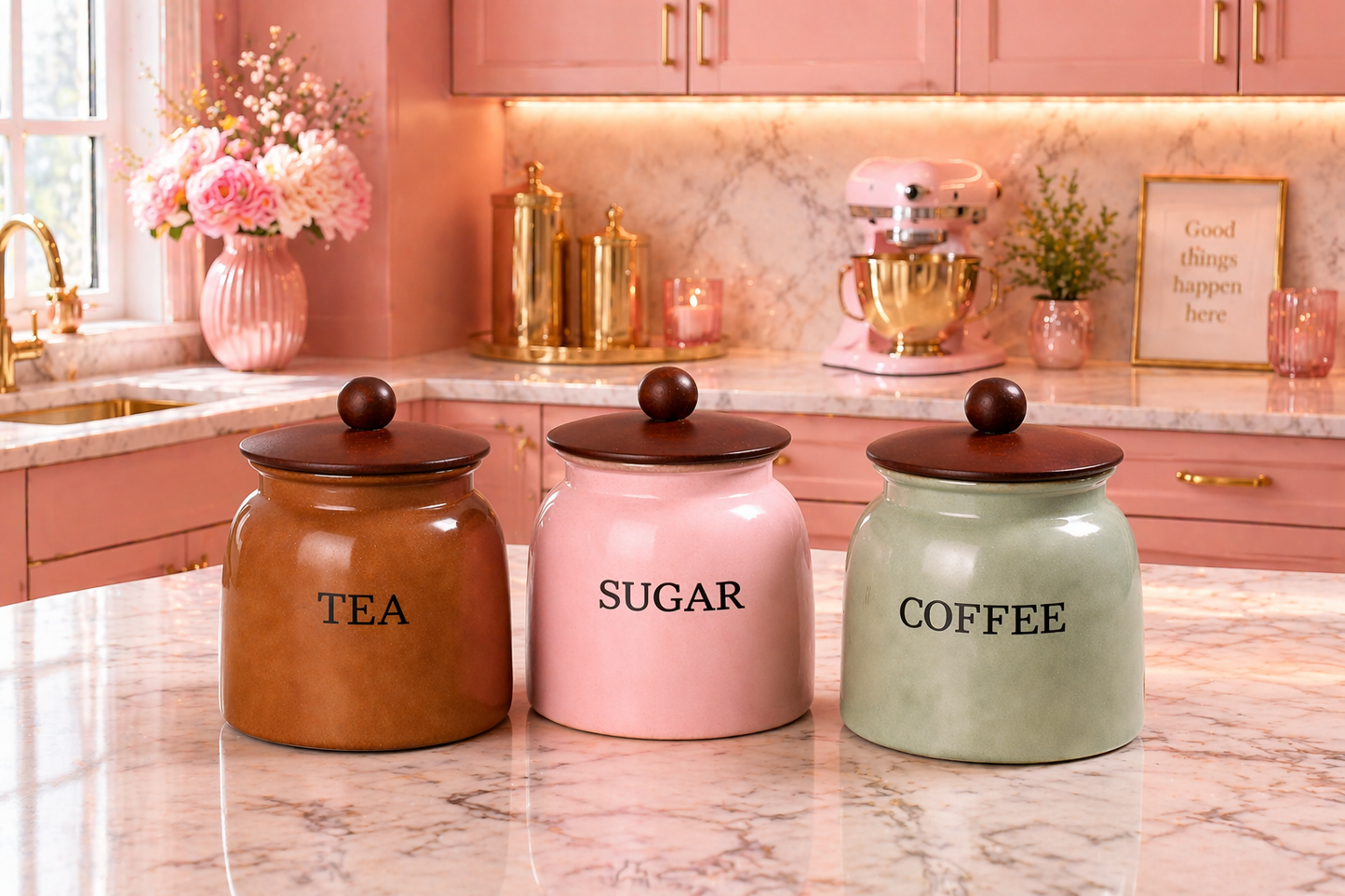 Metal Tea Sugar Coffee Storage Container Set of 3 with Wooden Lid | Airtight Kitchen Canisters | Vintage Farmhouse Style Kitchen Storage Jars