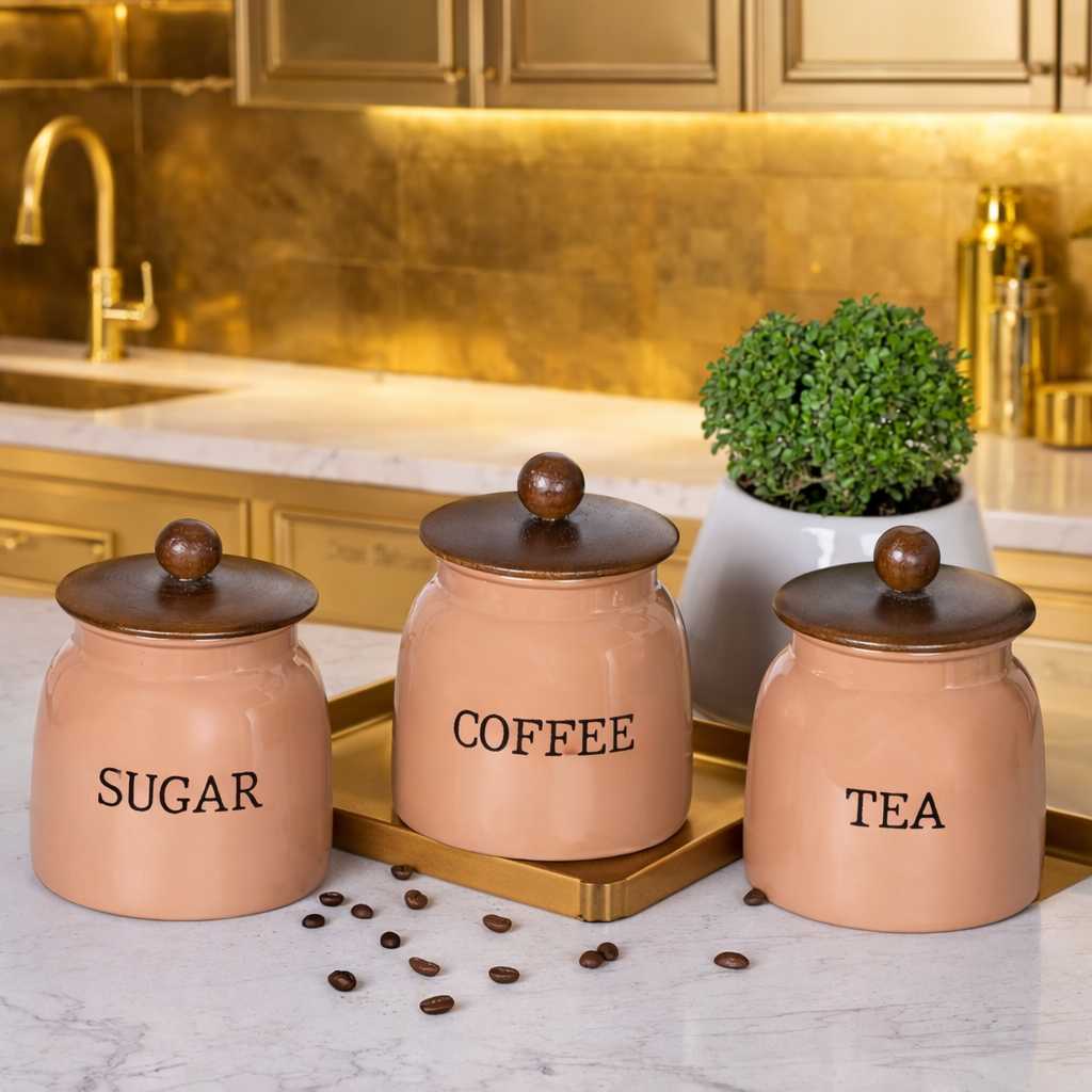 Premium Metal Storage Jars Set of 3 for Tea Coffee Sugar | Kitchen Canisters with Lids | Modern Home Decor Containers