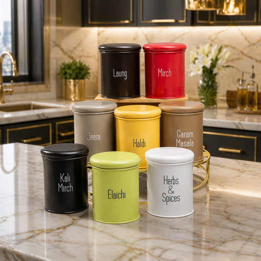 8 Pcs Metal Spice Container Set with Rack | Masala Storage Jars with Lid | Modern Kitchen Organizer for Herbs & Spices