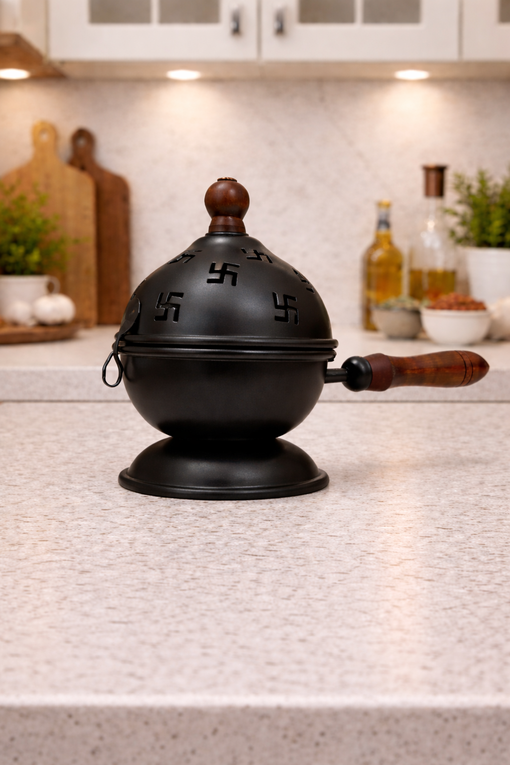 Swastik Black Metal Loban Dhoop Dani with Lid & Stand | Kapoor Dani for Pooja, Havan, Home Temple & Spiritual Fragrance | Decorative Incense Burner