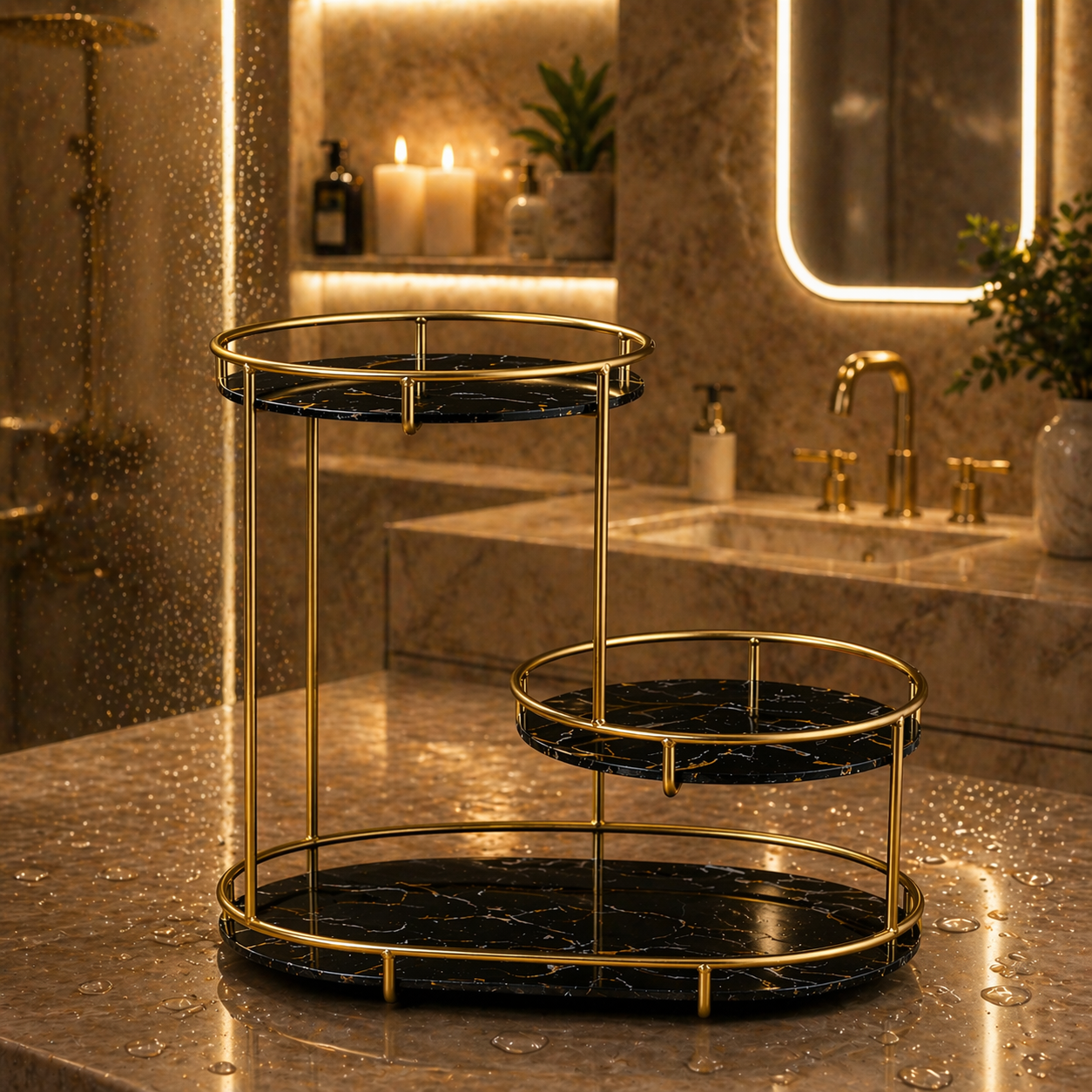 Luxury Black Vanity Organizer with Gold Metal Frame | Modern Black Makeup Organizer & Cosmetic Storage Rack for Skincare, Perfume & Beauty Accessories | Elegant Bathroom Counter & Dressing Table Organizer