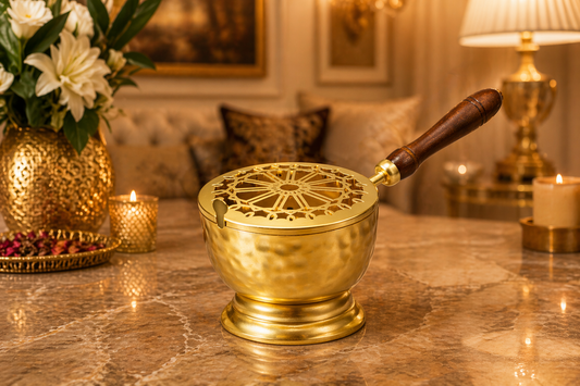 Metal Loban Burner with Wooden Handle | Dhoop Dani for Puja | Flower Design Incense Holder