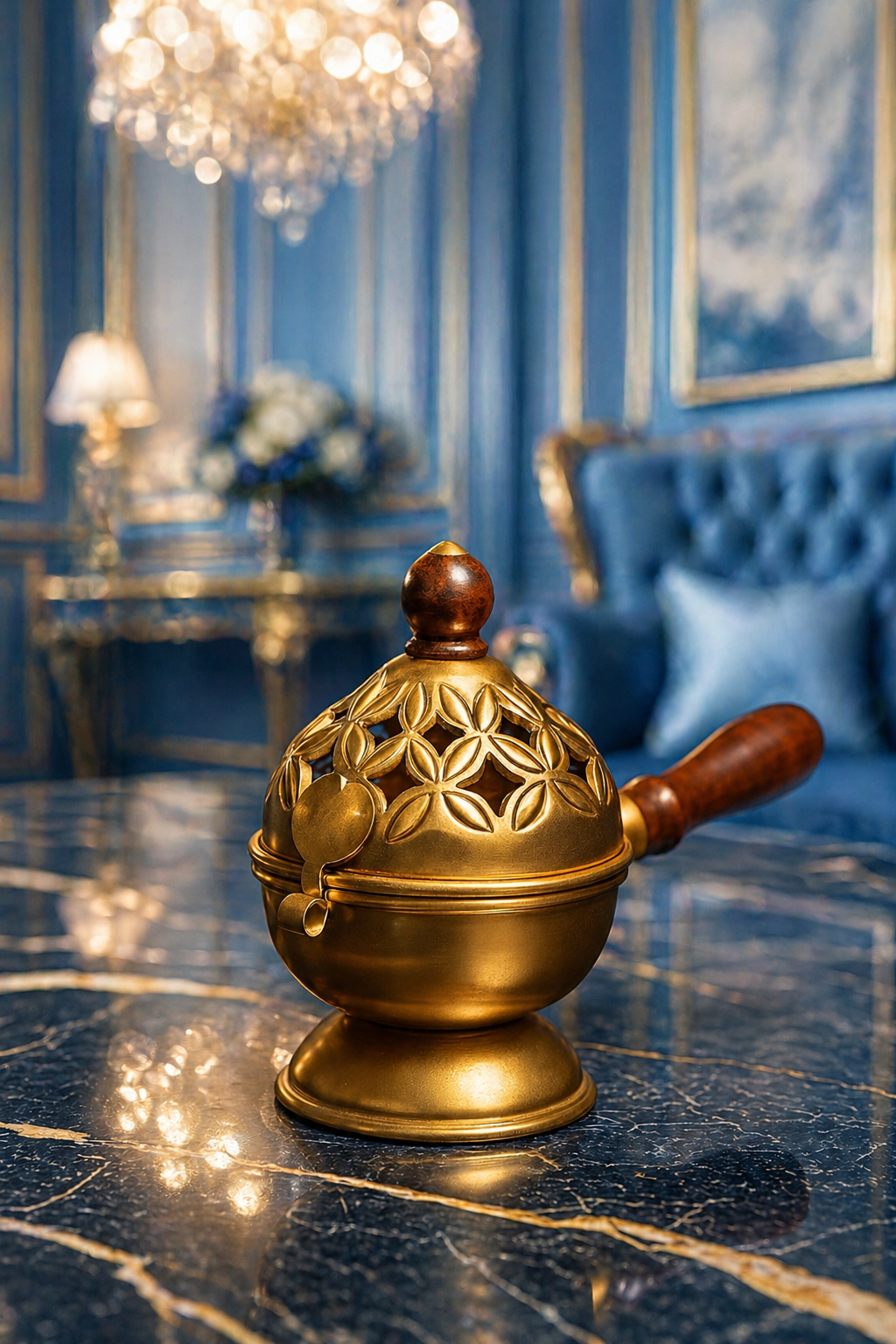 Luxury  Finish Loban Burner with Wooden Handle | Decorative Dhoop Dani for Home Temple, Aromatherapy, Pooja & Festive Decor | Elegant Incense Holder