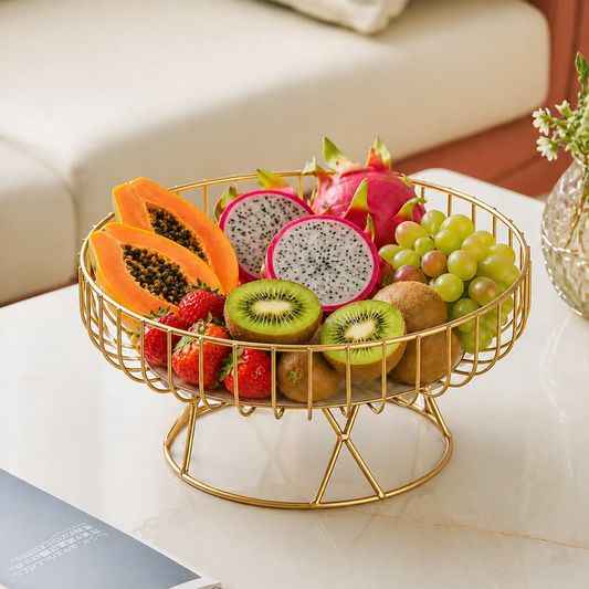 Premium Metal Gold Fruit Basket Stand | Decorative Wire Storage Bowl for Kitchen, Dining Table & Home Decor | Multipurpose Fruit Holder & Organizer
