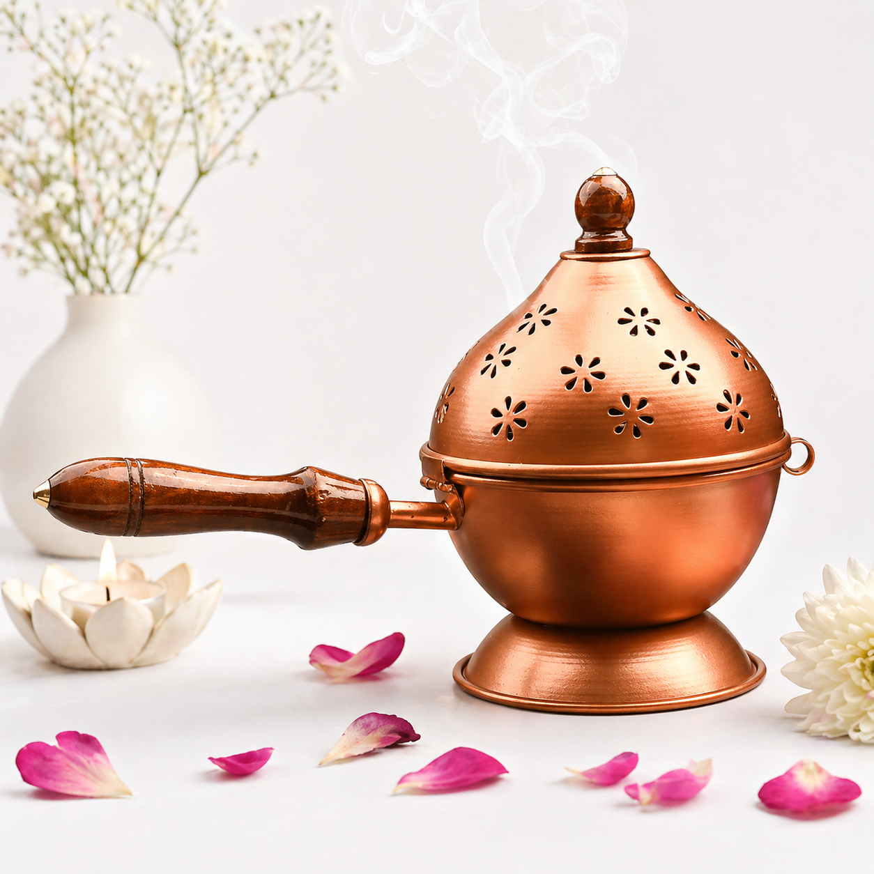 Copper Finish Metal Loban Burner with Wooden Handle | Premium Dhoop Dani Incense Burner for Home, Pooja, Temple & Aromatherapy | Kapoor Dani & Home Fragrance Diffuser
