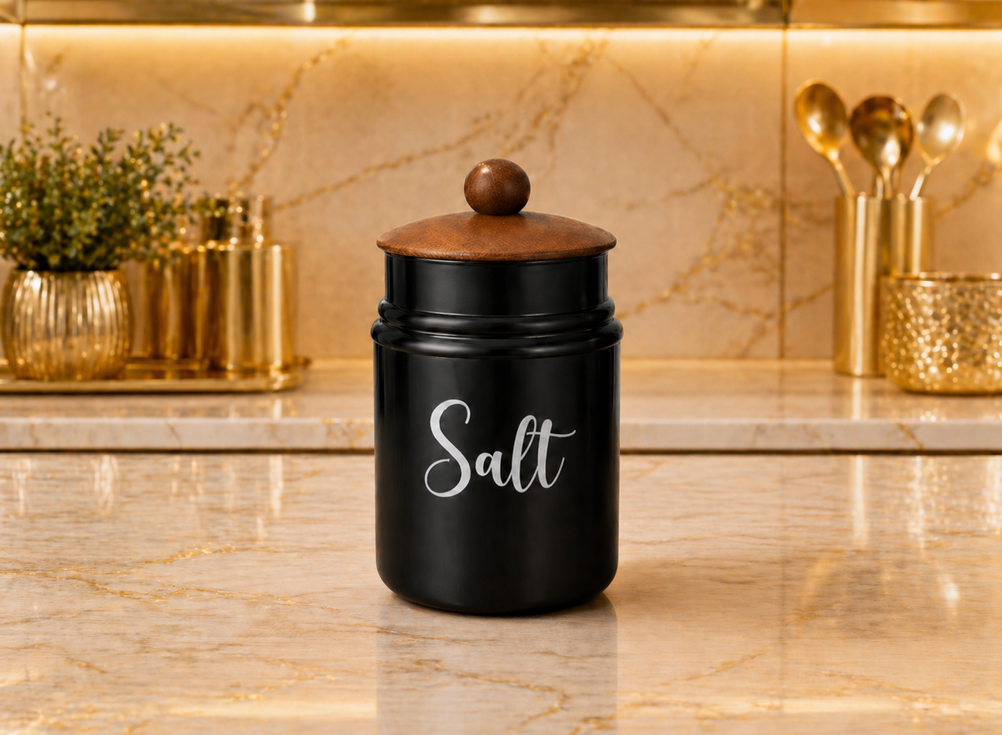 Black Metal Kitchen Storage Container with Wooden Lid | Salt Jar Canister | Airtight Spice Storage Box | Modern Countertop Organizer | Stylish Kitchen Decor