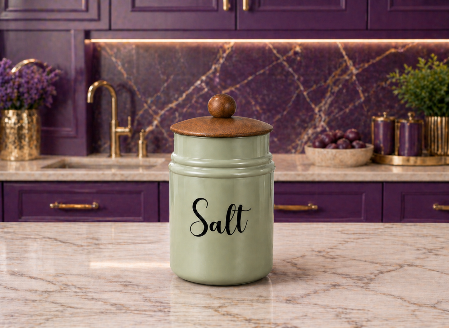 Metal Kitchen Storage Container with Lid | Elegant Salt Jar Canister | Decorative Countertop Organizer | Airtight Food Storage Box | Modern Kitchen Decor