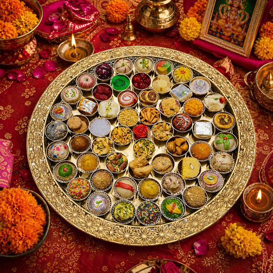 Luxury 56 Bhog Pooja Thali Set with Multiple Bowls | Traditional Indian Prasad Serving Tray for Mandir, Festive Decoration, Diwali, Ganesh Chaturthi & Wedding Rituals